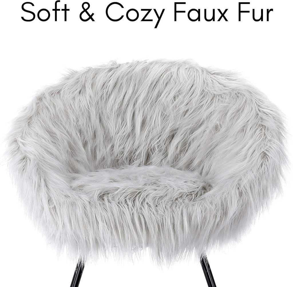 BIRDROCK HOME Faux Fur Papasan Chair with Black Legs - Luxuriously Soft & Lightweight - Wide Cushion Seat for Playroom, or Living Room - Moon Chair - Metal - Fluffy Round Seat - Circle - Grey