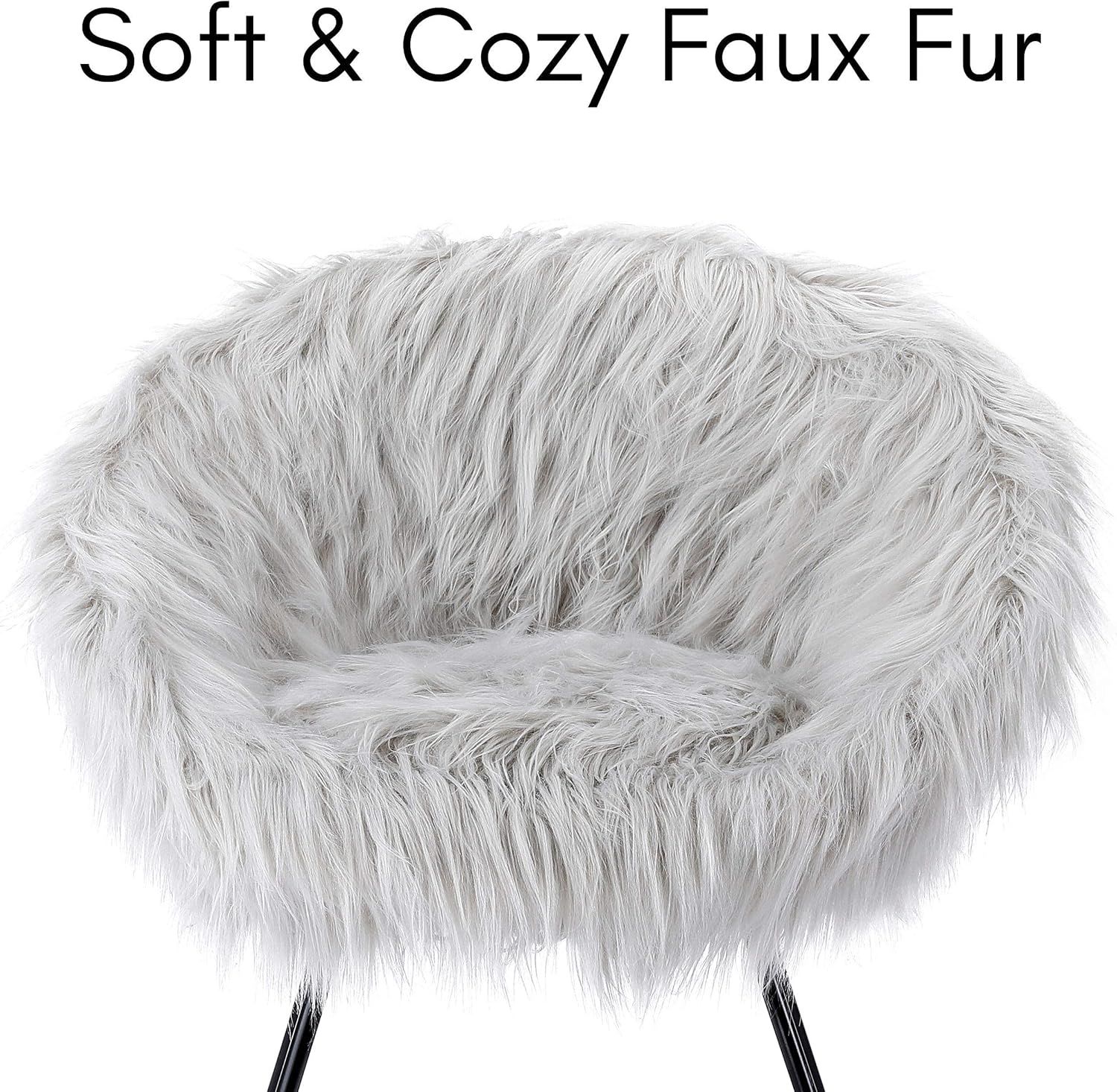 BIRDROCK HOME Faux Fur Papasan Chair with Black Legs - Luxuriously Soft & Lightweight - Wide Cushion Seat for Playroom, or Living Room - Moon Chair - Metal - Fluffy Round Seat - Circle - Grey