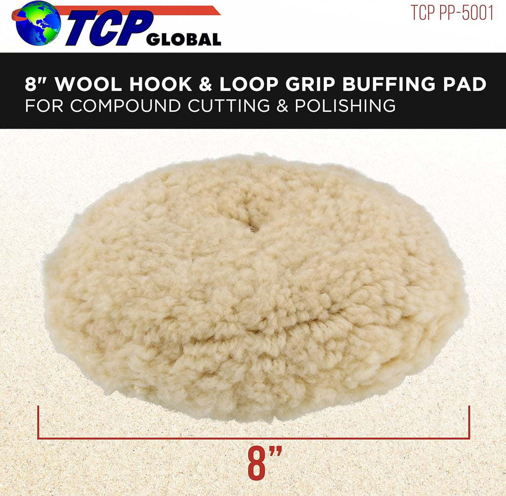 TCP Global 8inch 100% Wool Polishing & Buffing Pad with Hook and Loop Backing - Wool Buffing Pad for Automotive, Marine, Truck, RV & Compound Cutting