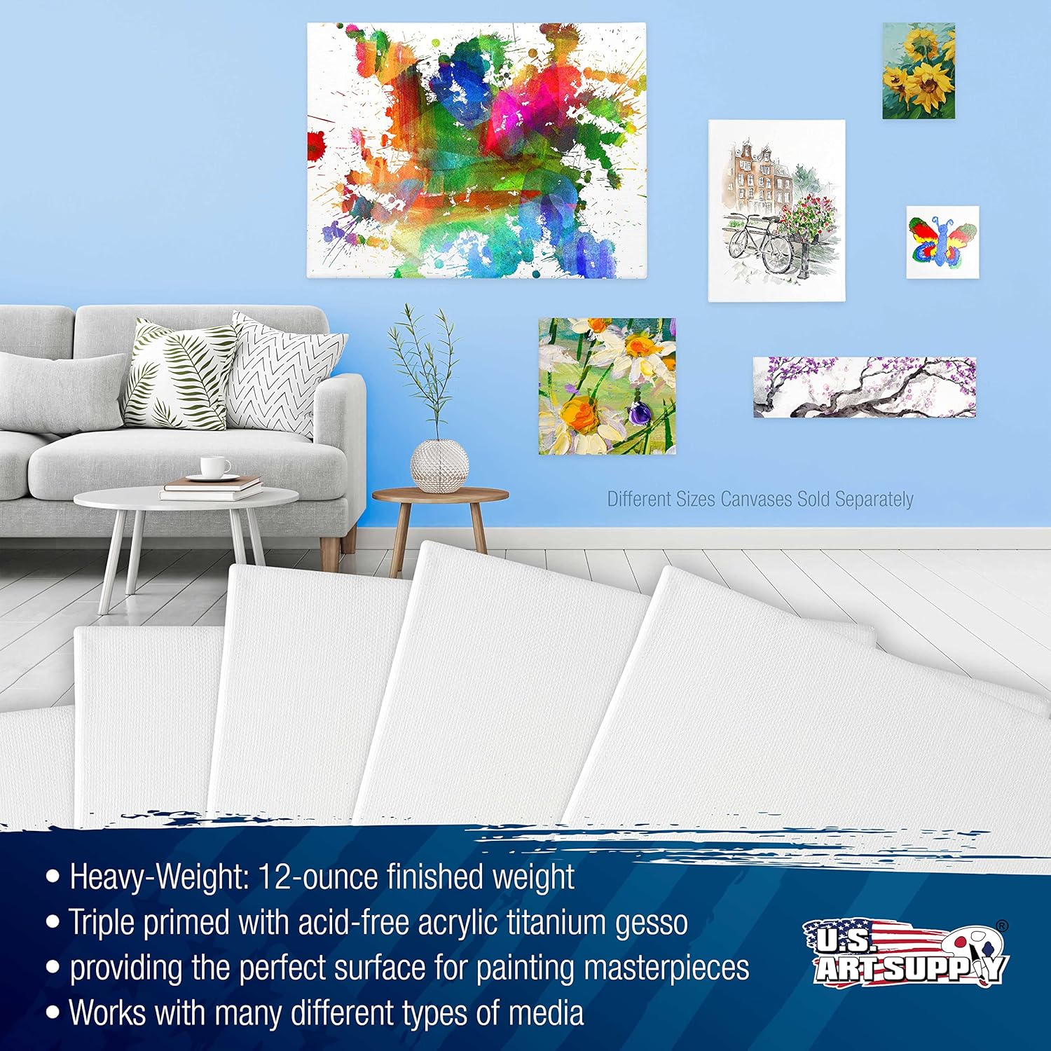 U.S. Art Supply 24 x 48 inch Stretched Canvas 12-Ounce Primed 6-Pack - Professional White Blank 3/4inch Profile Heavy-Weight Gesso Acid Free Bulk Pack - Painting, Acrylic Pouring, Oil Paint
