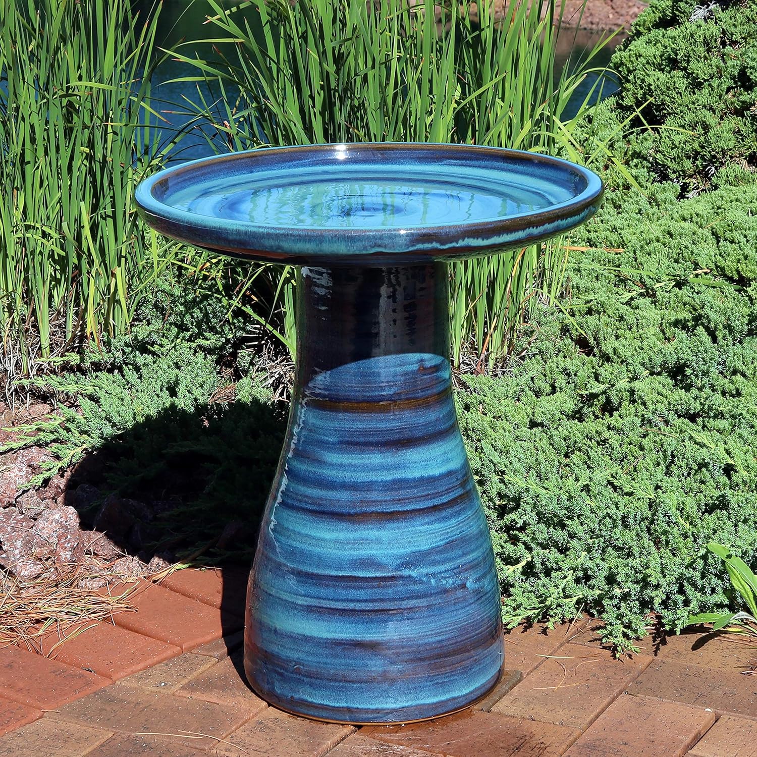 Sunnydaze 21inch H Ceramic Bird Bath for Outside - Hand-Painted Outdoor Bird Bath Bowl, UV/Frost-Resistant Finish - Galaxy Blue - Classic Pedestal
