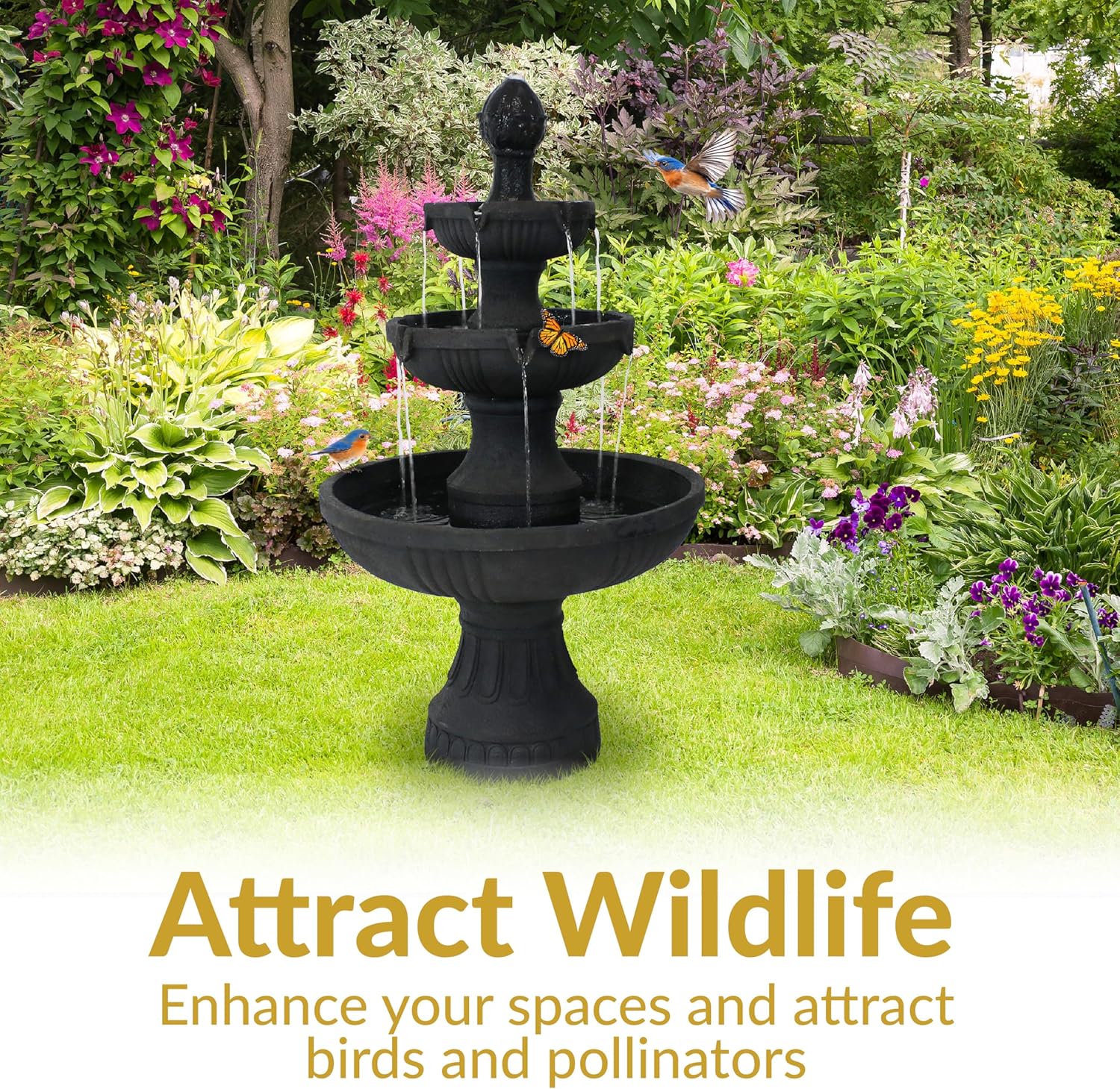 Sunnydaze Flower Blossom 43-Inch Electric Water Fountain - Outdoor Water Feature - 3-Tier Fountain - Black Finish