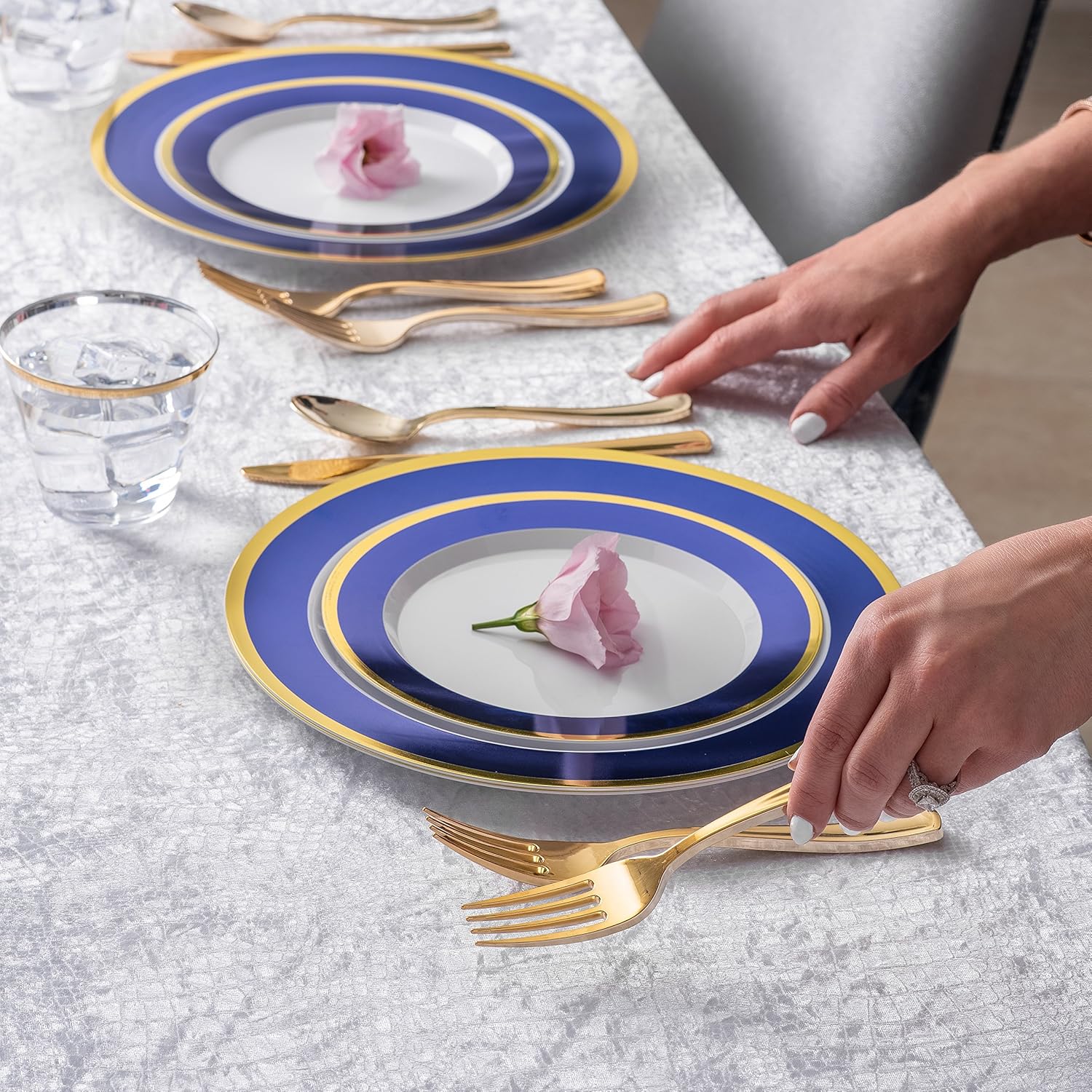 125-Piece White, Blue, and Gold Fancy Plastic Plates Disposable with Silverware, Elegant Dinnerware for Weddings, Holiday Party China, Set of 25 Dinner + Salad Plates, 25 Spoons, 25 Forks, 25 Knives