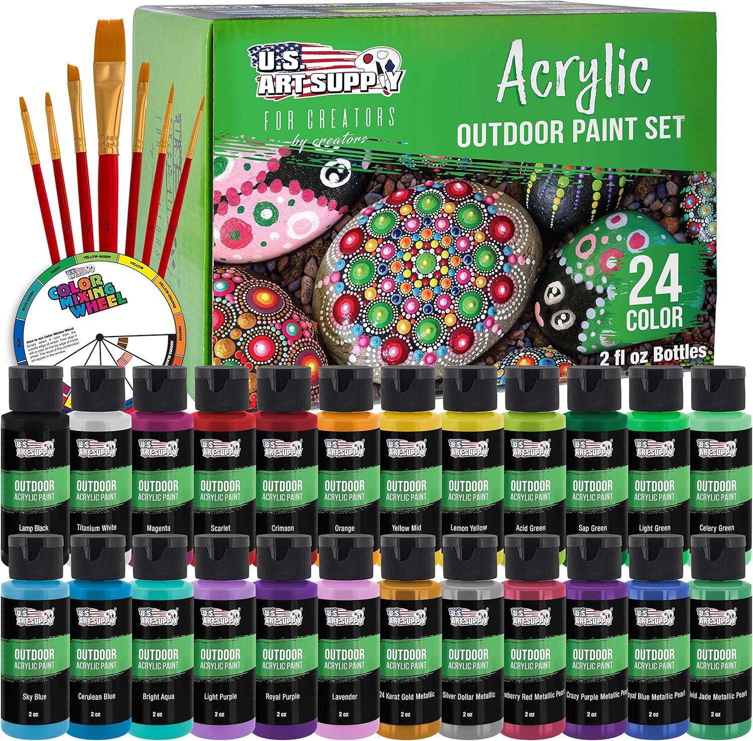 U.S Ar Suppl Professiona 2 Colo Outdoo Acryli Pain Set 2o Bottles wit Brus Ki Vivi Color fo Paintin Canvas Rocks Woo Crafts Toys