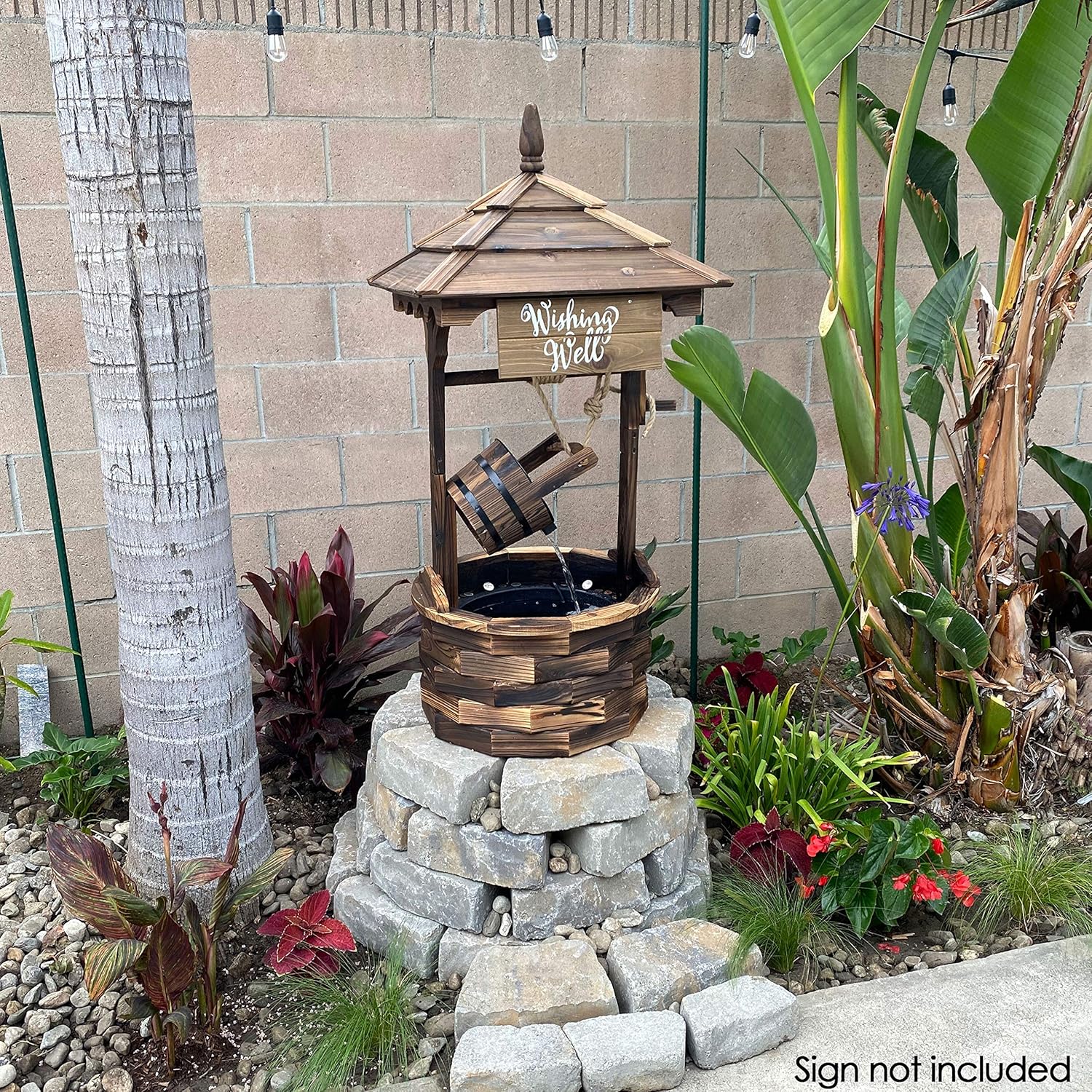 Sunnydaz Electri Wate Fountai Outdoo 48-Inc Old-Fashione Woode Wishin Wel Garde Fountai fo Garden Patio Decks