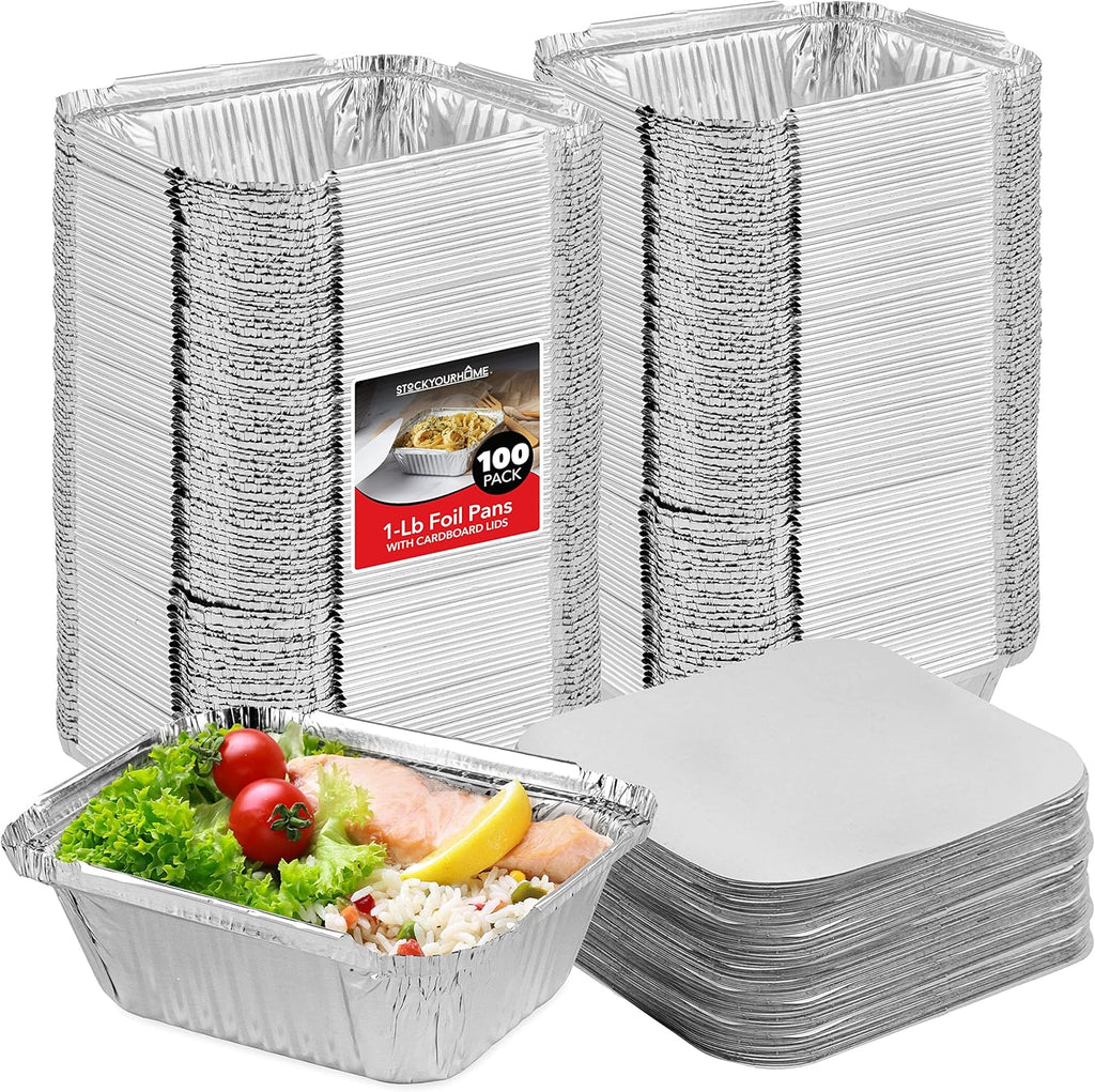 Stock Your Home 1 Lb Aluminum Pans with Lids (100 Pack) - Food Containers with Cardboard Lids - Disposable Recyclable Takeout Trays with Lids - to Go Containers for Restaurants, Catering, Delis