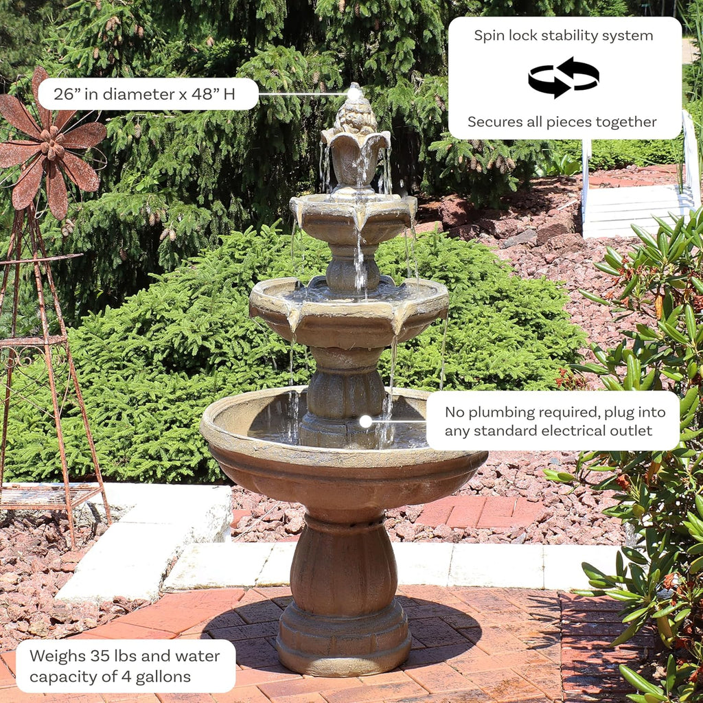 Sunnydaz 48-Inc 3-Tie Electri Wate Fountai Outdoo Wate Featur fo Patio Yar o Dec Outdoo Wate Fountain