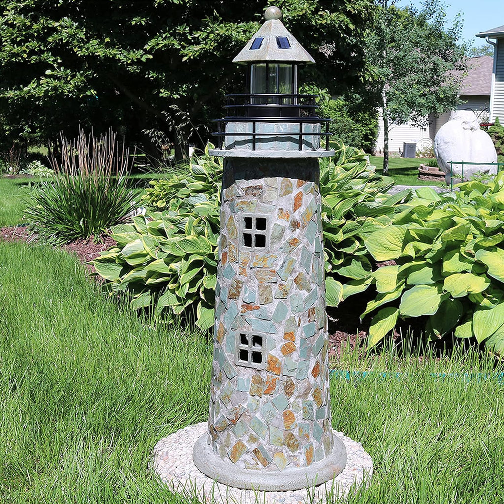 Sunnydaz 35-Inc Outdoo Lighthous Lam Sola Lighthous Deco wit LE Ligh fo Garden Yard Pati Decorativ Cobblestone