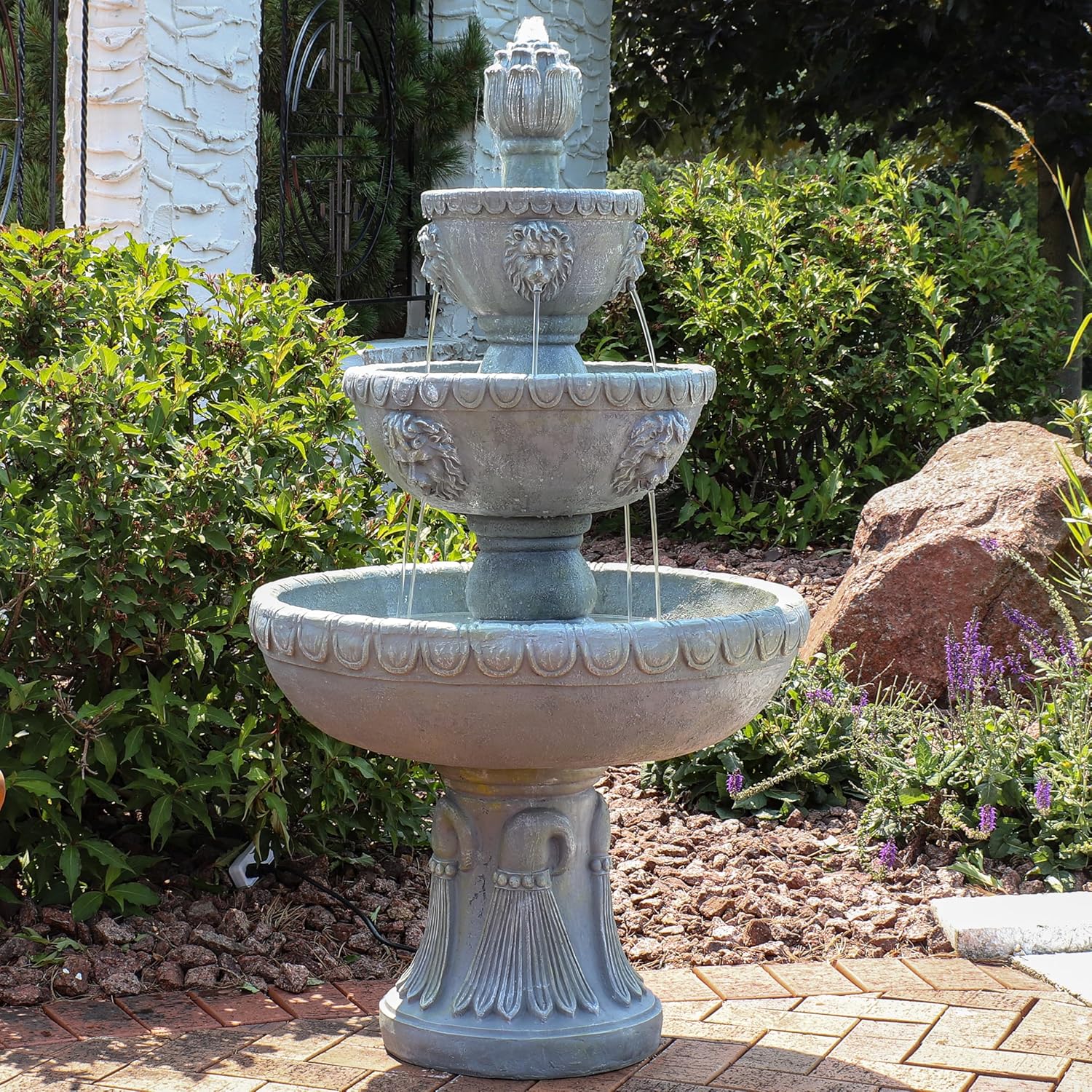 Sunnydaz Lio Hea 53-Inc 3-Tie Outdoo Wate Fountai wit Electri Submersibl Pum fo Patio Yard o Deck
