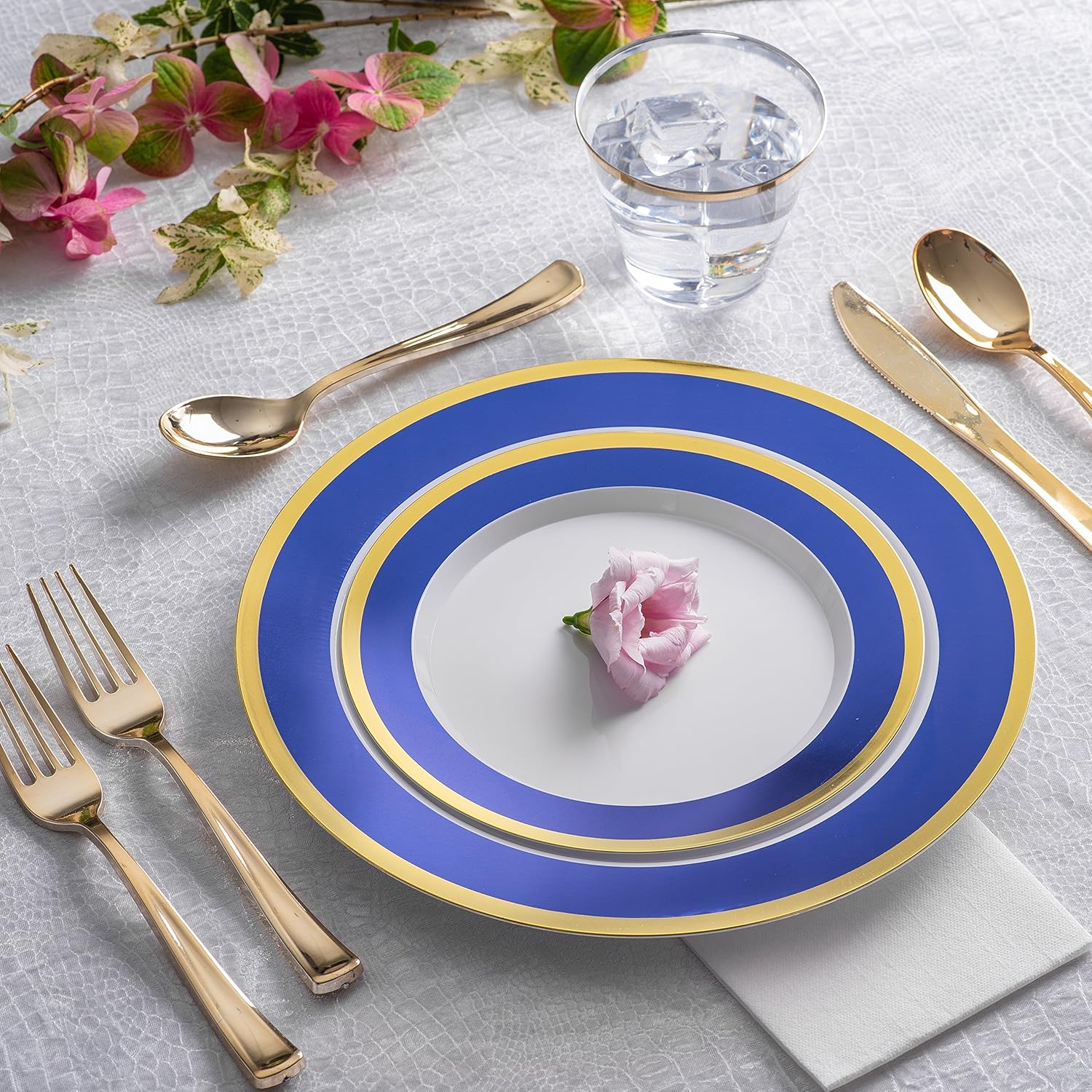 125-Piece White, Blue, and Gold Fancy Plastic Plates Disposable with Silverware, Elegant Dinnerware for Weddings, Holiday Party China, Set of 25 Dinner + Salad Plates, 25 Spoons, 25 Forks, 25 Knives