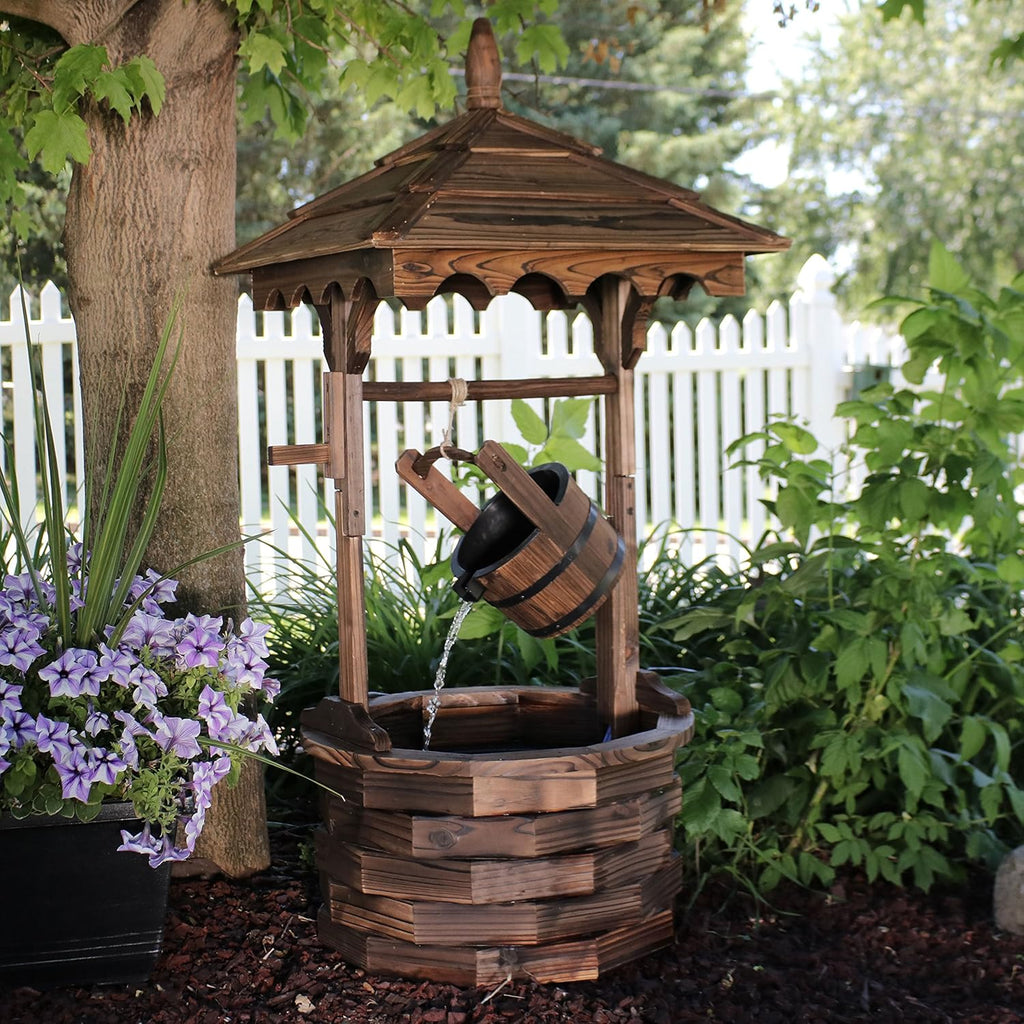 Sunnydaz Electri Wate Fountai Outdoo 48-Inc Old-Fashione Woode Wishin Wel Garde Fountai fo Garden Patio Decks